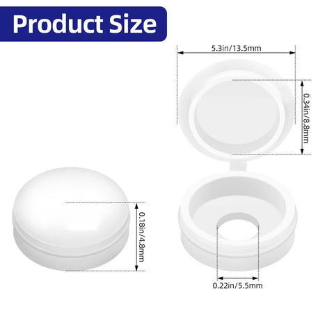 150 Pack White Plastic Screw Cover Caps With Snap On Hinge For Flush Mount Protection showing open and closed views, with size dimensions