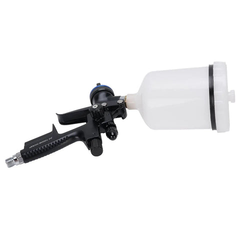 High Performance 1.3mm HVLP Paint Sprayer With 600ML Cup And Stainless Steel Nozzle side view showing adjustable settings and cup.