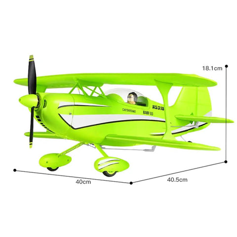 Classic Warbird RC Biplane For Adults And Beginners, 4CH 2.4G Remote, Brushless Motor, EPP Foam Airplane angle view with dimensions