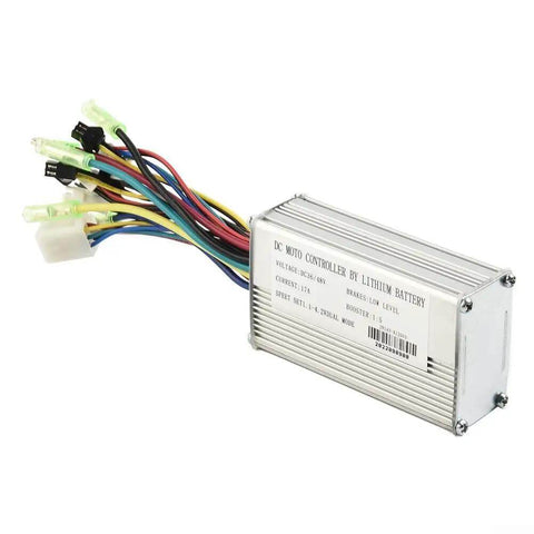 Check Out This Sine Wave E Bike Controller For 36V Or 48V Systems That Boasts 250W Power And Handles 17 Amps Like A Boss While Keeping Your Brushless Motor Silky Smooth With Less Vibration And Major Durability. silver aluminum sine wave e-bike controller with multicolor wire harness