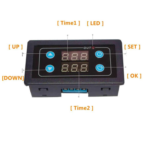Plug And Play Delay Relay Module AC 85V-265V With LED Display Time Delay Switch 0-999S 0-999M 0-999H Digital Timer For Lights Water Pumps Engines Cycle Delay Relay Control front view with 2-digit LED display and control buttons