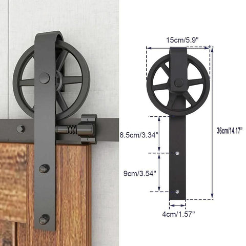 20Ft Heavy Duty Sliding Barn Door Hardware Kit For Smooth Quiet Operation With Big Spoke Wheel Hanger J Style close-up view