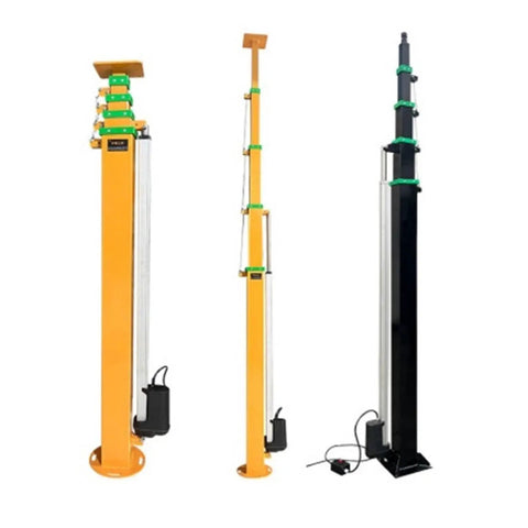 Electric Hydraulic Telescopic Mast Aluminum Push Up Antenna Pole, showcasing three height-adjustable models in orange and black.