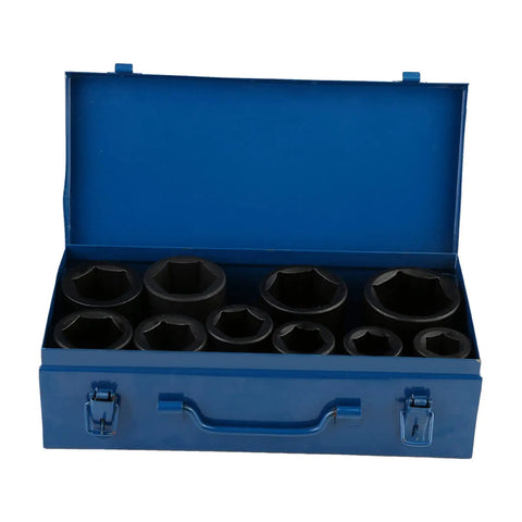 Premium 10 Piece Metric Impact Socket Set With Deep Chrome Vanadium Steel Sockets Ranging From 22mm To 50mm For Heavy Duty Automotive Repair And Professional Garage Work That Is Totally Built Tough, open blue case