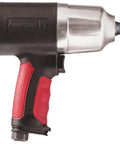 Composite Half Inch Air Impact Wrench With Easy Access Torque Control and Forward Reverse Rocker, side view with red grip handle.