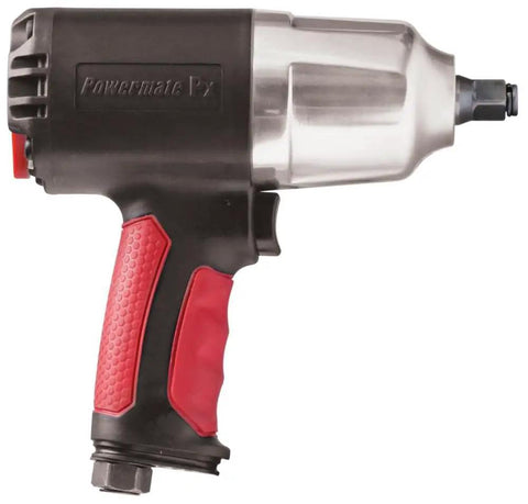 Composite Half Inch Air Impact Wrench With Easy Access Torque Control and Forward Reverse Rocker, side view with red grip handle.