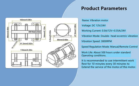 Diagram of Beast 24V DC Vibration Motor 3800 RPM Heavy Duty Compact Unit With Double Eccentric Wheel Rugged Plastic Shell