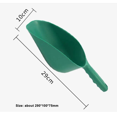 Green All-Purpose Plastic Garden Soil Scoop Shovel, Lightweight Portable Digging Tool with size dimensions for easy planting.