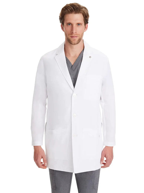 Relaxed Fit Men's Lab Coat With 5 Pockets, Side Slits, Knit Details And 360 Degree Stretch For Easy Movement, White, 34.5 Inch Back Length, X Large, Ideal For Doctors, Nurses, Lab Techs And Medical Students.