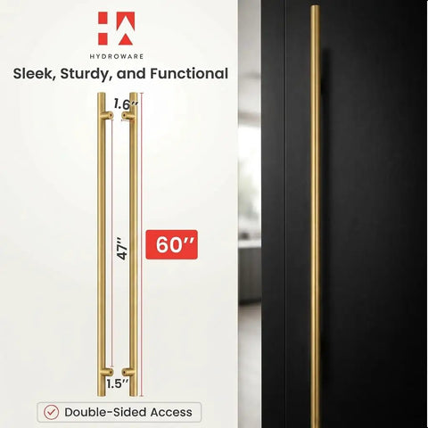 Long Stainless Steel Push Pull Door Handle For Home And Office Two Sided Access Glass Shower Barn And Storefront Doors 60 Inch Brass Gold Round Elite Model Modern Contemporary, 60-inch brass gold handle on black door