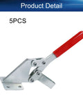 Hardcore Side Mounted Vertical Toggle Clamp Set With A Slick Quick Release Lever And Cushioned Rubber Tips For Tight Hold Downs On Any Daily Shop Grind Or Weekend Projects, close-up of toggle clamp with red handle, zinc plated steel material.