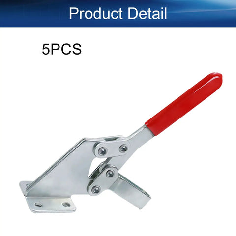 Hardcore Side Mounted Vertical Toggle Clamp Set With A Slick Quick Release Lever And Cushioned Rubber Tips For Tight Hold Downs On Any Daily Shop Grind Or Weekend Projects, close-up of toggle clamp with red handle, zinc plated steel material.