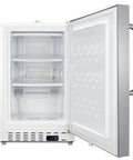 Real Deal Upright Commercial Freezer Built Like A Tank With Reliable Manual Defrost And Spacious 2.47 Cubic Feet Storage For Any Serious Kitchen Hustle In Sleek Stainless Steel Finish, open door revealing interior storage.