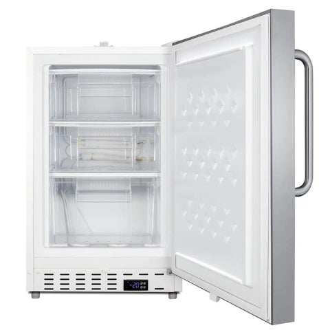 Real Deal Upright Commercial Freezer Built Like A Tank With Reliable Manual Defrost And Spacious 2.47 Cubic Feet Storage For Any Serious Kitchen Hustle In Sleek Stainless Steel Finish, open door revealing interior storage.