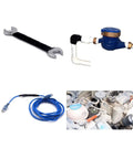 Plumbing tools and materials including wrench, water meter, blue ethernet cable for repairs and maintenance tasks.