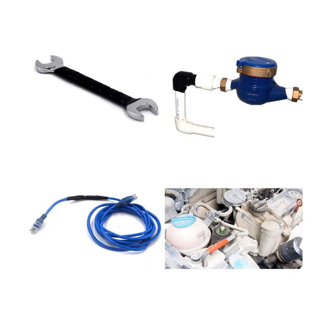 Plumbing tools and materials including wrench, water meter, blue ethernet cable for repairs and maintenance tasks.