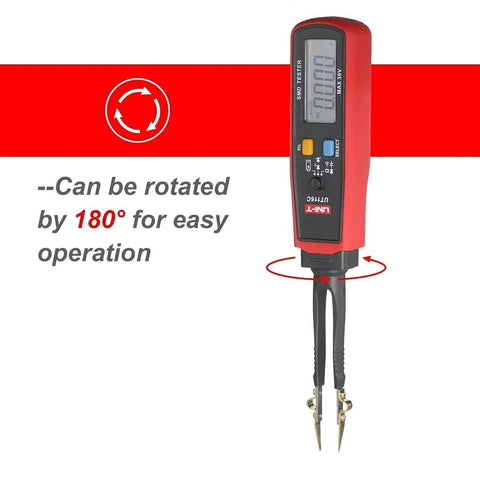 UT116C SMD Tester For Resistors, Capacitors, Diodes, And RCDs With Auto Range LCD shown with 180-degree rotation capability