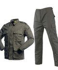 Men's Tough As Nails Tactical Hunting Outfit Featuring Ripstop Camo Jacket And Heavy Duty Multi Pocket Combat Pants in olive green.