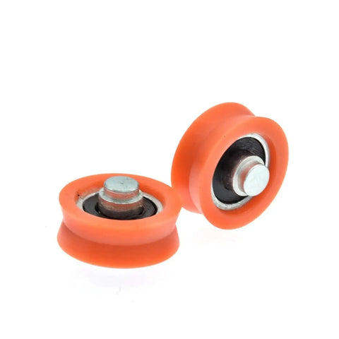 5 Pc Heavy Duty Nylon V Groove Roller Sliding Gate Caster Rolls Smooth With Rock Solid Steel Bearing Sleek Track Pulley System For Doors Windows Wire Rope Carts Built Tough And No Sweat Setup, orange nylon rollers with steel bearings.