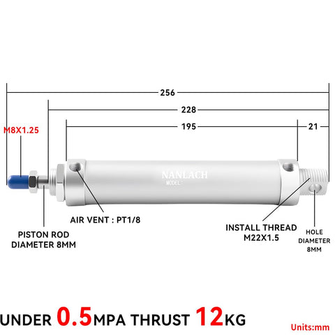 Built Tough Pneumatic Air Cylinder 20mm Bore 125mm Stroke Double Acting With 8mm Fittings Port Size PT 1 8 Aluminum Body