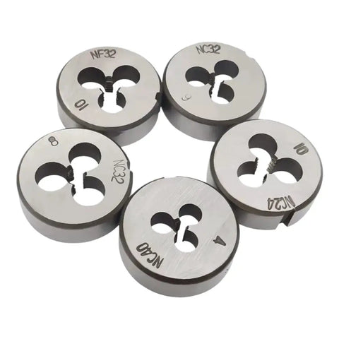 Right Hand Threading Die 1 13/16 Inch 20 UN Machine Thread Die for Large Bolts and Shafts High Speed Steel HSS Round Die for Fast Smooth Repair of Metal Bolts Spindles and Heavy Duty Projects, shown with five round dies