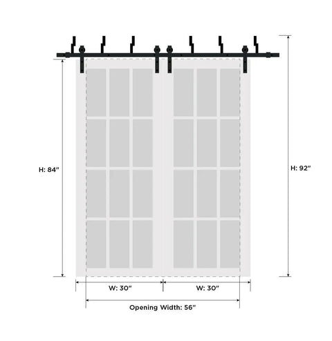Diagram of Slick Frosted Glass Sliding Closet Doors With Barn Bypass Hardware Modern Wood Finish, 60x96 inches, two panels.