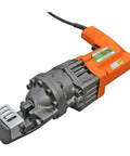 Professional Grade Electric Rebar Cutter Cuts Number 5 Steel Bars With A Hardcore Cold Cutting Shear Setup designed with an orange pistol grip.