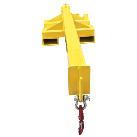 Built Like A Tank 3 Ton Telescopic Forklift Boom Attachment Bidirectional Mobile Crane Jib in yellow with red hook.