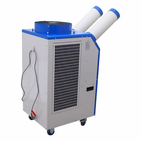 Heavy Duty Commercial Industrial Air Conditioner Portable Spot Cooler Unit Beats The Heat Instantly, shown from side with exhaust tubes.