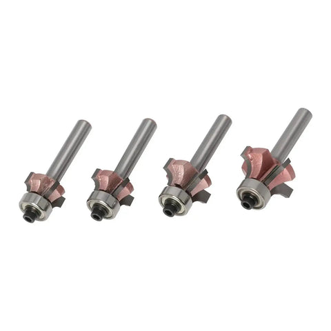 Heavy Duty 6Mm Shank Router Bits Featuring 4 Flute Ultra Sharp Design displayed in a row, ideal for edge trimming projects.
