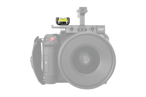 Bubble Level For Camera Gear And Rigs, Low-Profile Spirit Level attached to a camera, showing anti-twist pin and 3/8-16 mount.
