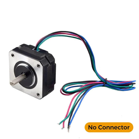 NEMA 17 short-body bipolar stepper motor with silver faceplate and multicolor wires (no connector).
