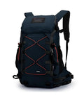 35L Hiking Backpack for Outdoor Adventures, Durable Nylon Pack With Ergonomic Straps, front view, black with red accents