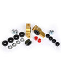 Front And Rear Suspension Bushing Kit For 2004 To 2018 Volkswagen Audi includes gold brackets, black and red bushings, and zinc rods.