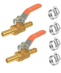 Two 1/2-inch barbed brass ball valves with orange handles and four hose clamps for water, air, and fuel lines.