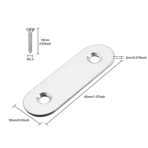 Top Shelf Stainless Steel Flat Corner Brace Plates Pack Of 50 For Quick Furniture Repair And Wood Joint Reinforcement Easy Diy Fix Brackets, detail image with dimensions and screw.