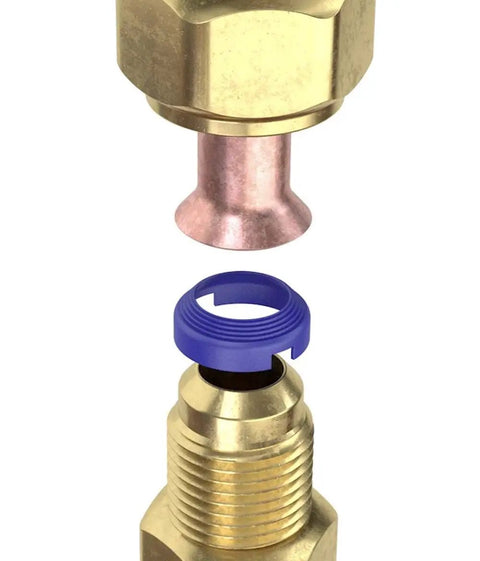 Leak Free SAE Flare Seal Connector Kit For Refrigeration And HVAC, brass and copper fittings with blue gasket, snap on install view
