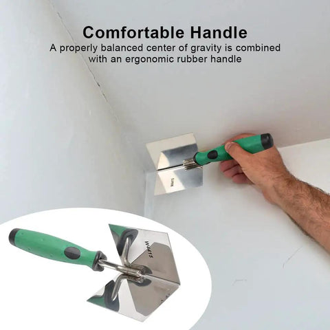 Pro Grade Drywall Corner Tool With Non Slip Handle Stainless Steel Angled Corner Trowel For Plastering And Brickwork Inside And Outside Corners Durable Build And Handy Grip For Fast Precise Lining being used on a wall corner with a close-up of the green non-slip handle.