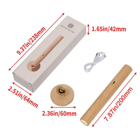 360 Degree Rotatable Beech Wood LED Wall Lamp With Magnetic Mount USB Rechargeable Battery Operated Sconce, packaging and components