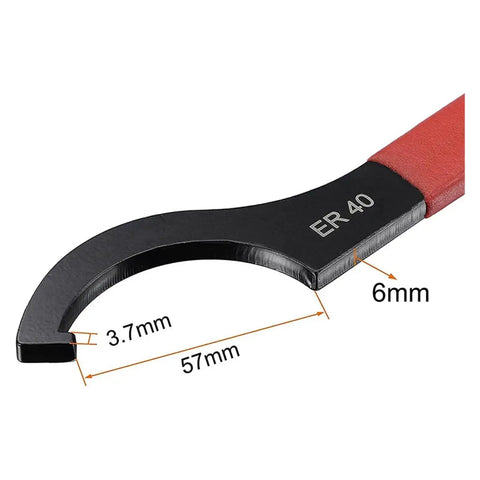 Heavy Duty High Carbon Steel Er25 Er32 Er40 Hook Wrench Spanner With Anti Slip Grip For Precise Tightening Lathe Milling Chuck Collet Clamping showing ER40 size with measurements.
