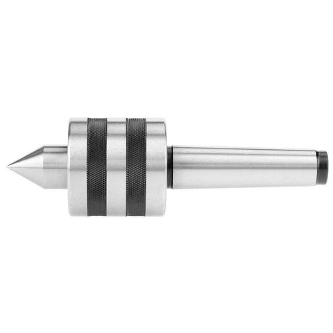 Side view of MT3 rotary live center, heavy-duty Morse Taper 3, alloy steel with knurled collar.