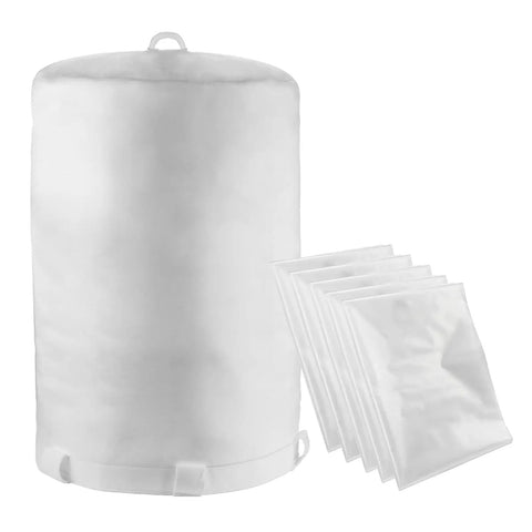 Tough As Nails Dust Collector Bag Kit with one 21x31 inch by 1 micron upper bag and five 20x43 inch vacuum bags on white background