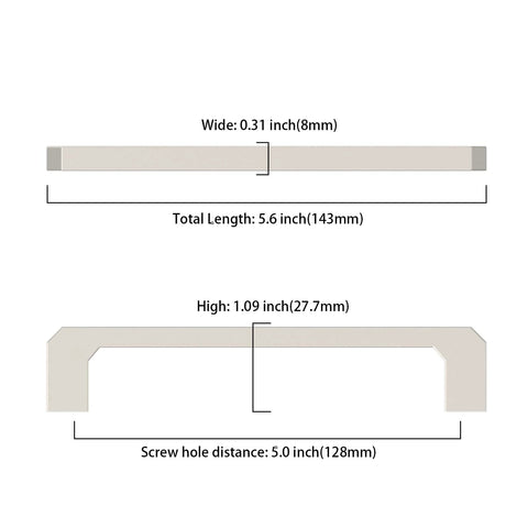 Diagram showing measurements of 10 Pack Brushed Satin Nickel Cabinet Pulls 5 Inch 128mm, width 8mm, total length 143mm.