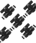Five-piece set of three eighths inch push to connect pneumatic valve with ball valve for air flow control, black and silver.