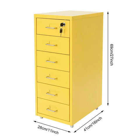 Solid Six Drawer Vertical Steel Rolling File Cabinet For Docs And Tools With Smooth Caster Wheels, yellow, 11 x 16 x 27 inches.