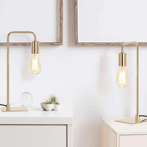 Gold Industrial Desk Lamp With E26 Base For Nightstand And Dorm Rooms, Small Metal Table Light With Curved Tube Design