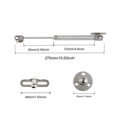 Two Pack Soft Close Toy Box Hinges With 100N Gas Strut dimensions and components view