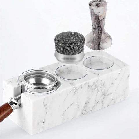 Top Shelf Marble Espresso Tamper Holder Stand Fits 51mm And 54mm Coffee Tools Pro Grade Barista Gear with smooth marble surface.