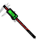 Digital Caliper, Stainless Steel Rechargeable Measuring Tool with green display and precise measurement scale.