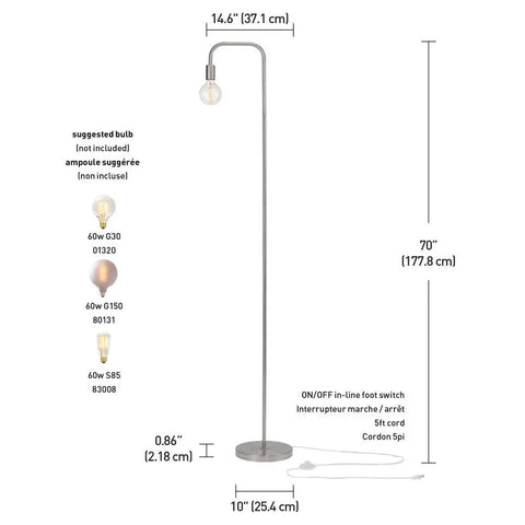Holden 70 Inch Floor Lamp in Brushed Steel with Inline On Off Foot Switch Industrial Minimalist Lighting for Living Rooms